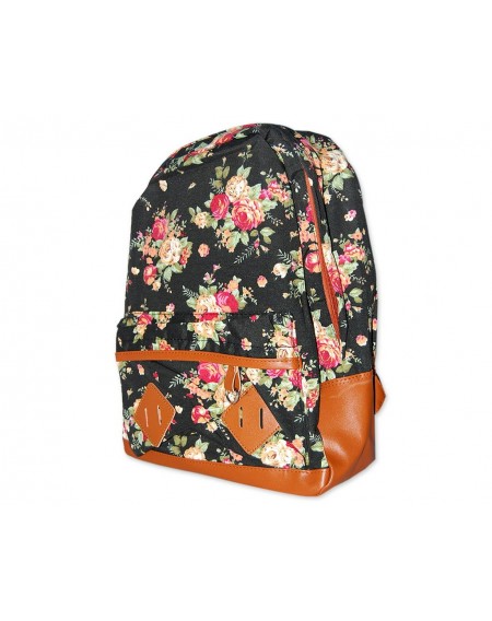 Floral Print Canvas Backpack - Black