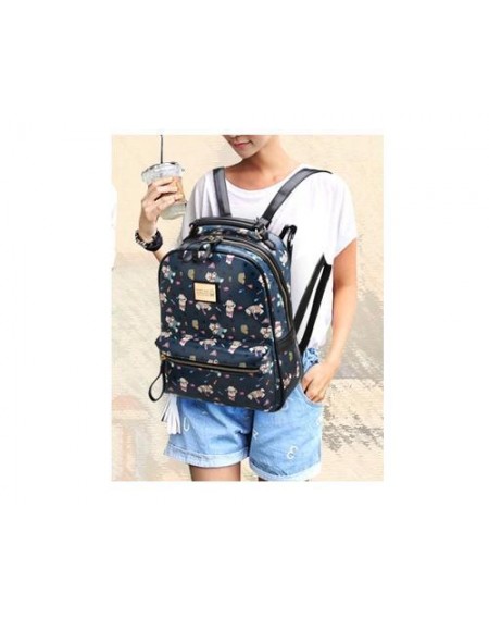 Cute Cartoon PU Leather Backpack with Built-In Handle - Navy