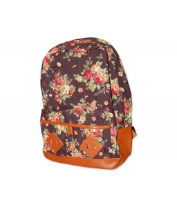 Floral Print Canvas Backpack - Deep Brown
