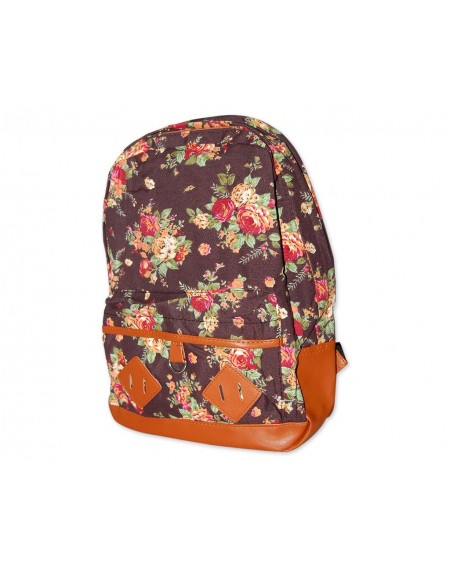 Floral Print Canvas Backpack - Deep Brown