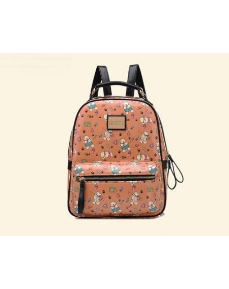 Cute Cartoon PU Leather Backpack with Built-In Handle - Khaki