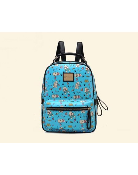 Cute Cartoon PU Leather Backpack with Built-In Handle - Blue