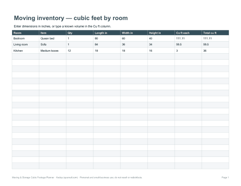 Preview of the first page of Moving inventory workbook